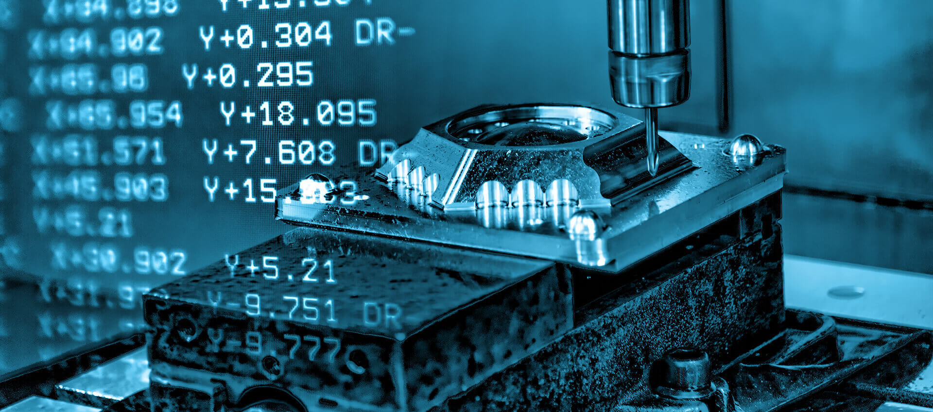CNC machine working on a detailed surface while digital coordinate data is overlaid on the image